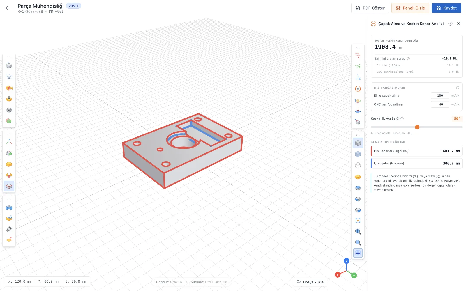 Deburring analysis: 1,908.4 mm of sharp edges, about 19 minutes